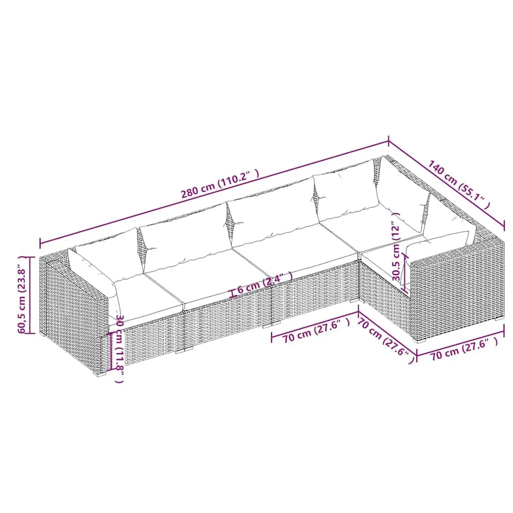 Garden Lounge Set Outdoor Patio Furniture 5 Piece Brown Modular