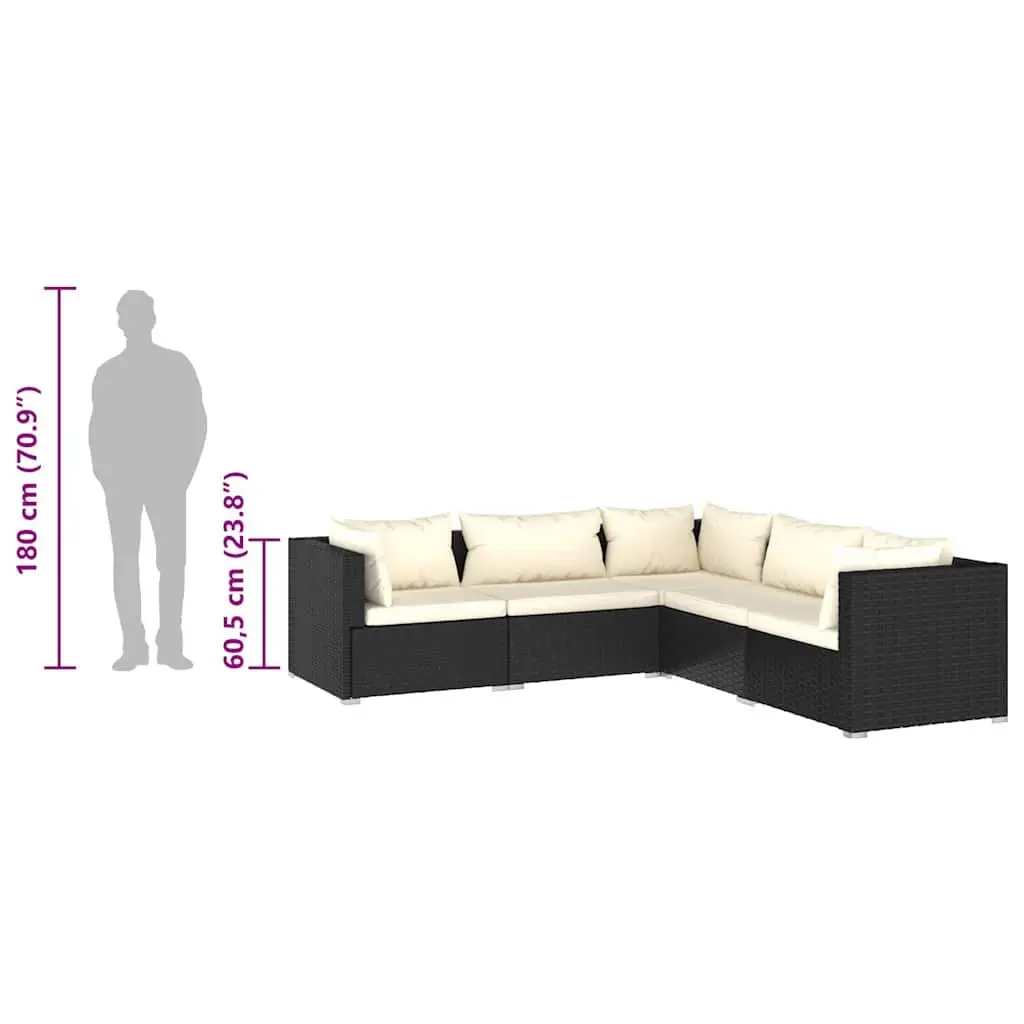 Garden Lounge Set 5 Piece Outdoor Patio Furniture Black Poly Rattan Modular