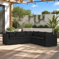 5 Piece Garden Lounge Set Black Poly Rattan Outdoor Furniture with Cushions