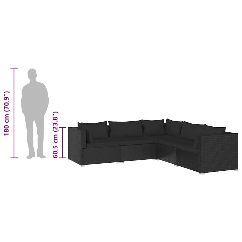 5 Piece Garden Lounge Set Outdoor Furniture Black Poly Rattan with Cushions