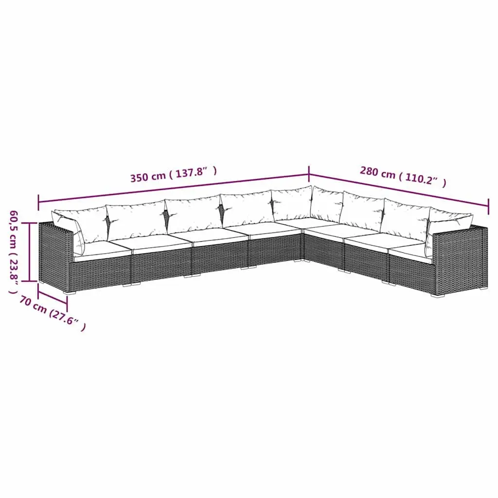 Outdoor Garden Lounge Set 8 Pieces Black Poly Rattan Patio Sofa with Cushions