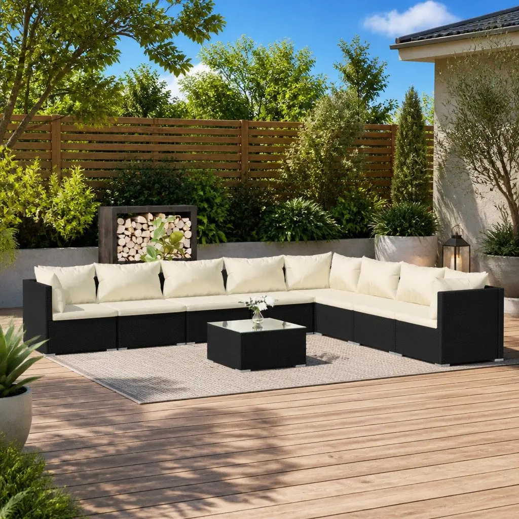 9 Piece Garden Lounge Set Outdoor Patio Furniture Black Poly Rattan