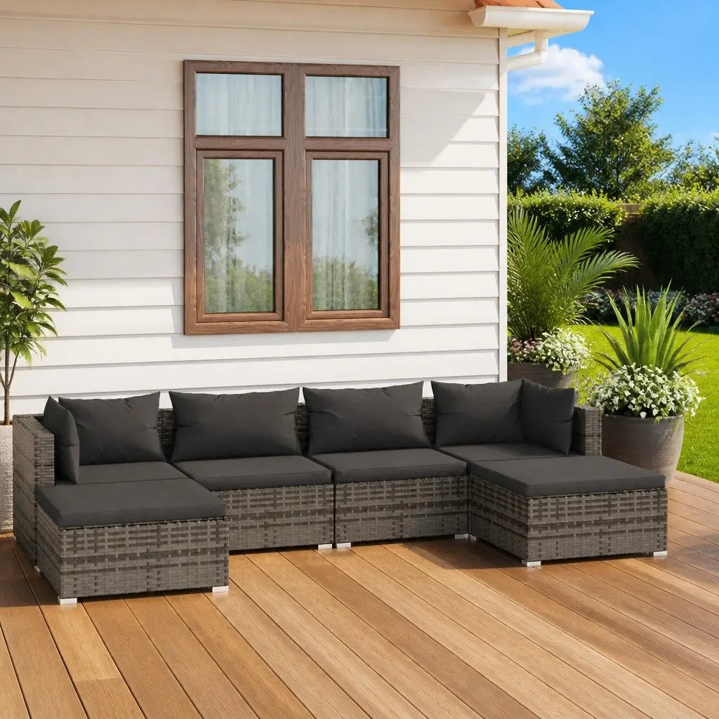 6 Piece Garden Lounge Set Poly Rattan Outdoor Patio Furniture with Cushions Grey