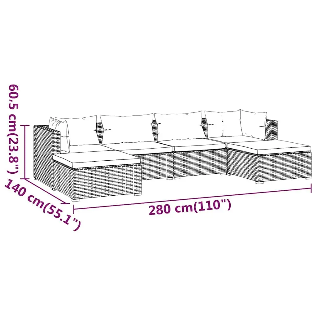 6 Piece Garden Lounge Set Poly Rattan Outdoor Patio Furniture with Cushions Grey