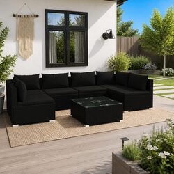 7 Piece Garden Lounge Set - Black PE Rattan & Steel Frame