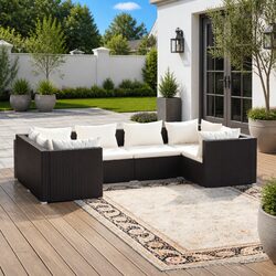6 Piece Garden Lounge Set Modular Outdoor Furniture with Cushions Black Poly