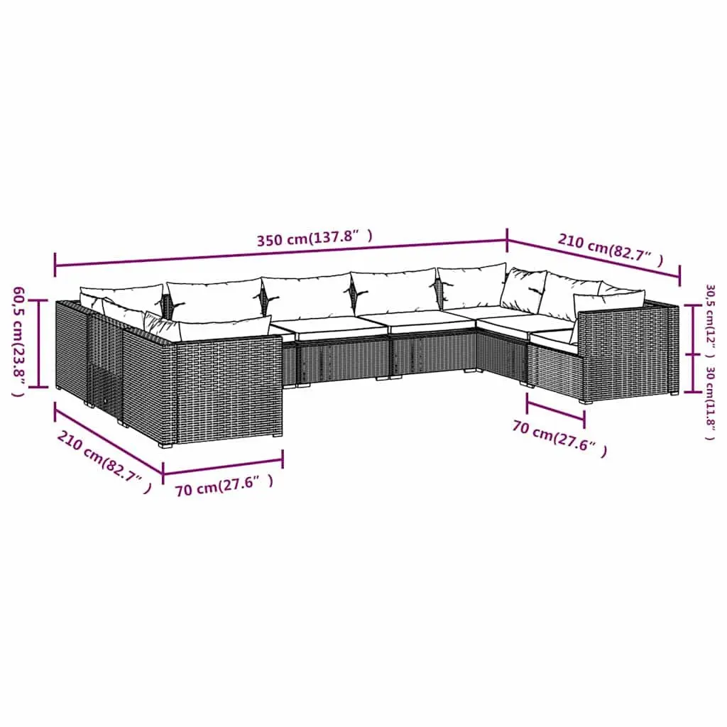 9 Piece Poly Rattan Garden Lounge Set for Outdoor Use with Cushions