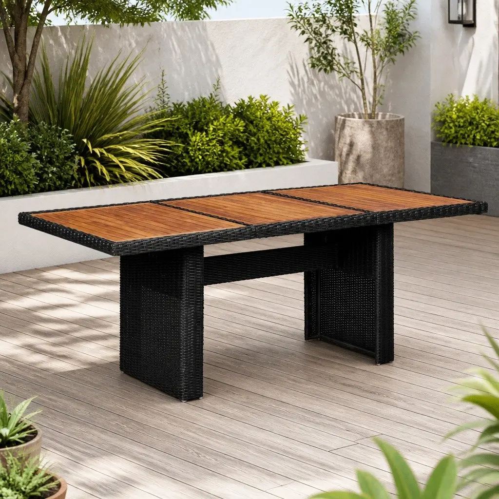Outdoor Dining Table Black Garden Patio Furniture PE Rattan Steel Frame Acacia