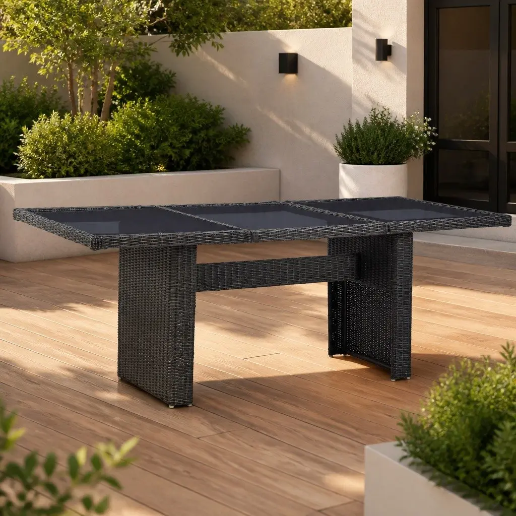 Garden Dining Table Black Outdoor Patio Furniture Glass Tabletop Rattan Frame