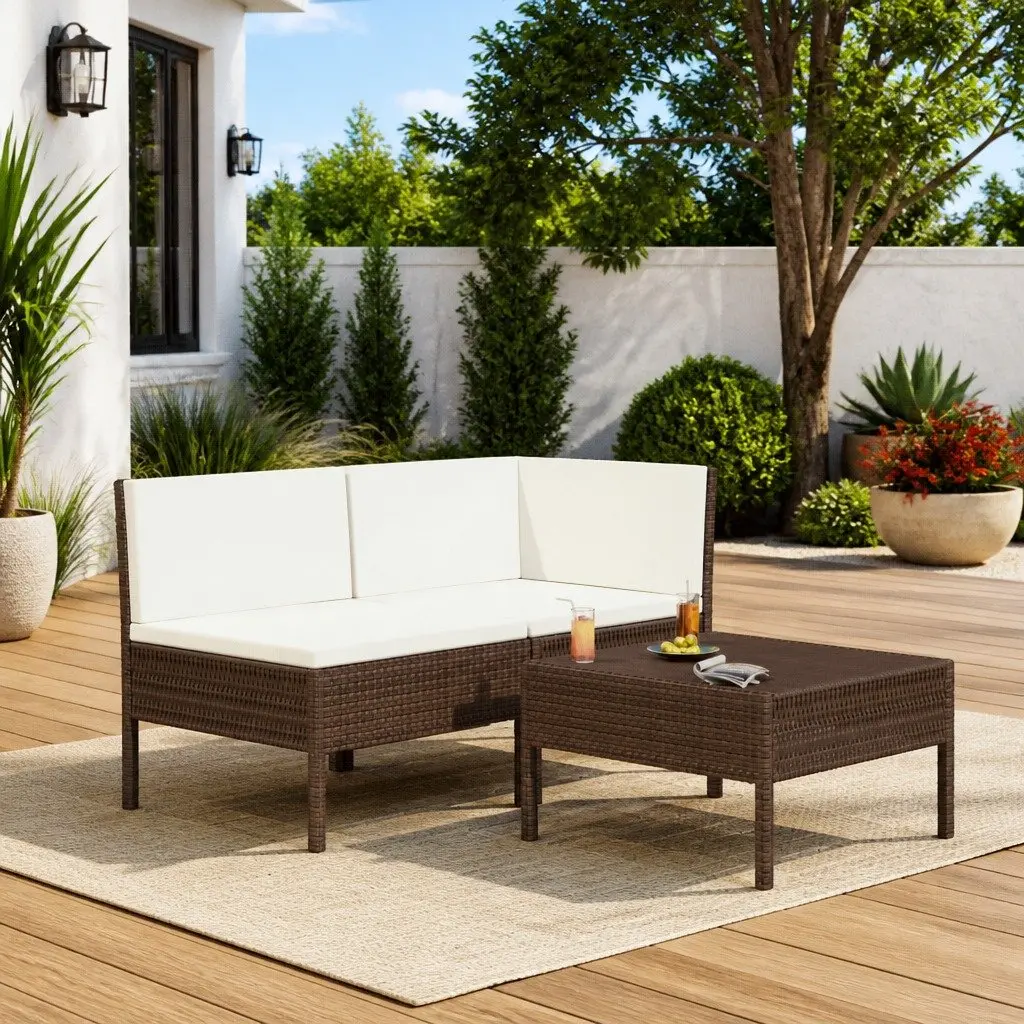 Garden Lounge Set 3 Piece Outdoor Furniture Brown Poly Rattan Sofa with Cushions