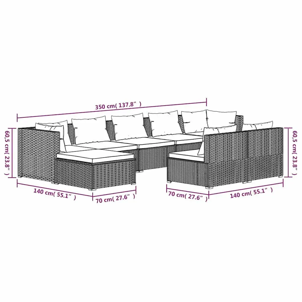 Garden Lounge Set 9 Piece Outdoor Furniture Modular Grey Poly Rattan with Cushions