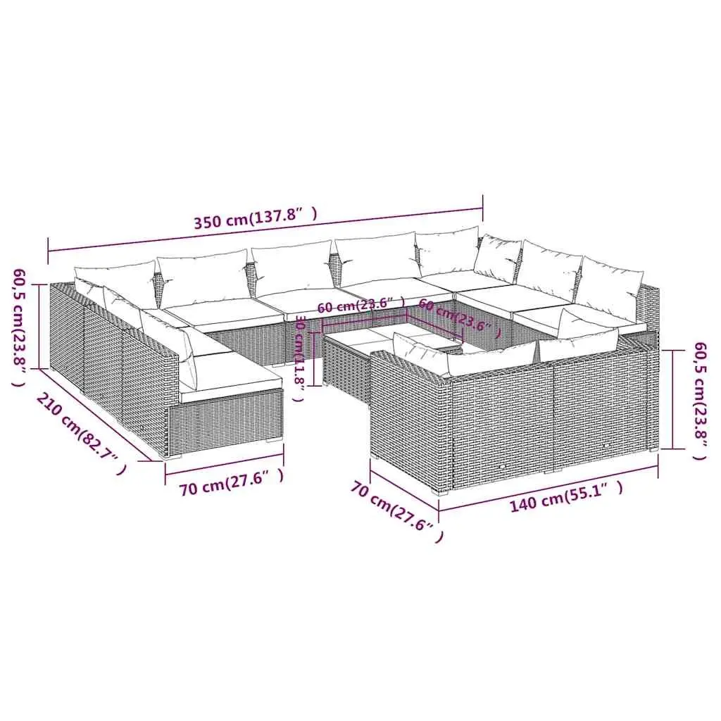 12 Piece Modular Patio Furniture Set for Outdoor Garden Lounge Black Poly Rattan
