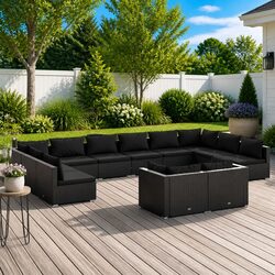 12-Piece Garden Lounge Set: Black Steel and Rattan