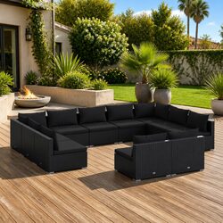 Garden Lounge Set - 11 Pieces, Black Poly Rattan
