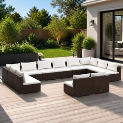 Garden Lounge Set: 12 Pieces, Brown Rattan, Steel Frame
