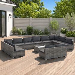 13 Piece Garden Lounge Set Grey Modular Outdoor Furniture Poly Rattan Cushions