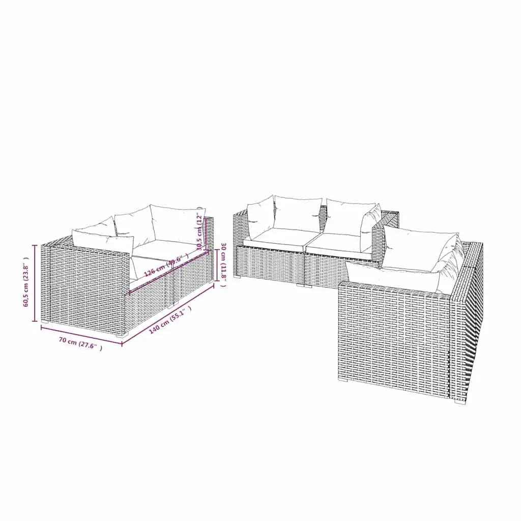 Garden Lounge Set Outdoor Patio Furniture 6 Piece Grey Rattan Sofa with Cushions