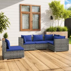 5 Piece Garden Lounge Set with Grey Cushions and Rattan