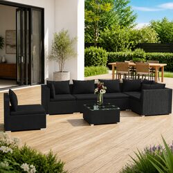 7-Piece Outdoor Lounge Set with PE Rattan - Black