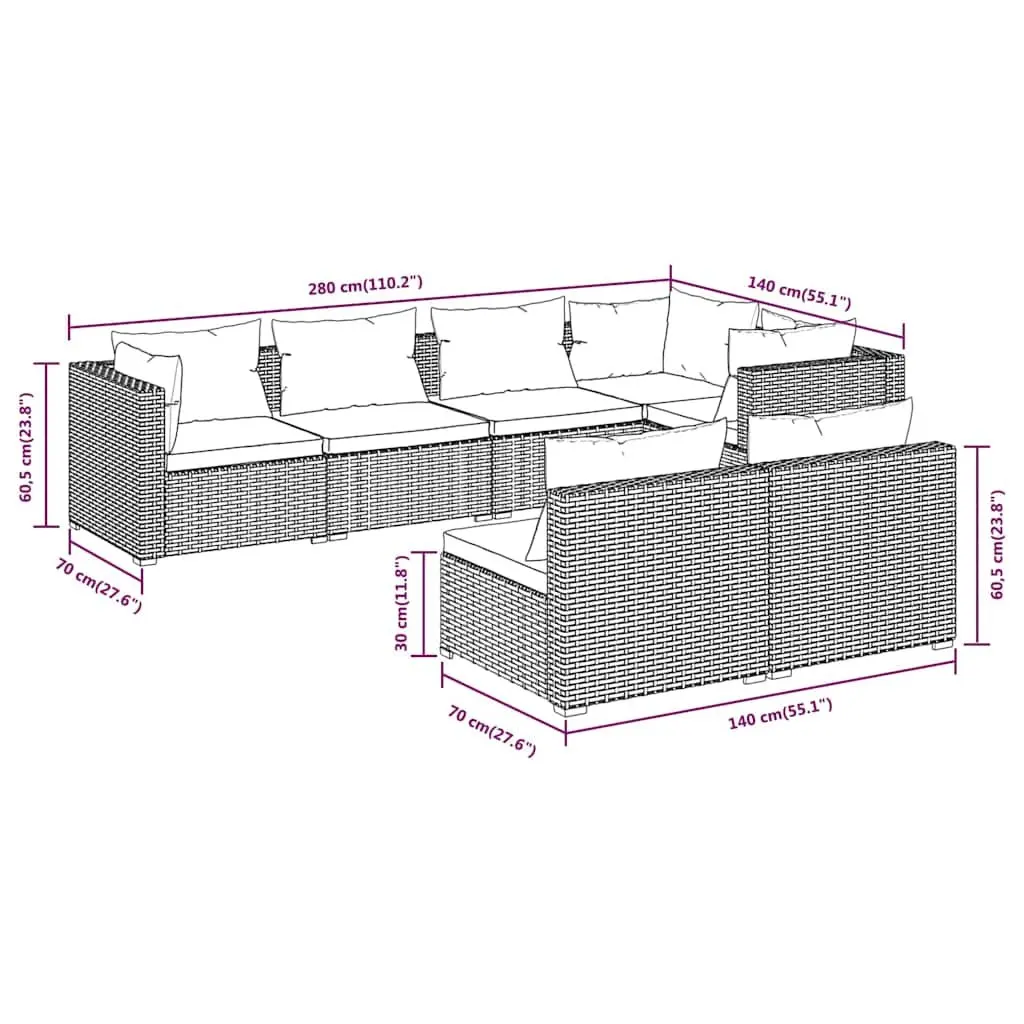 7PieceModularGardenLoungeSetOutdoorFurnitureBlackPolyRattanforPatioRelaxation