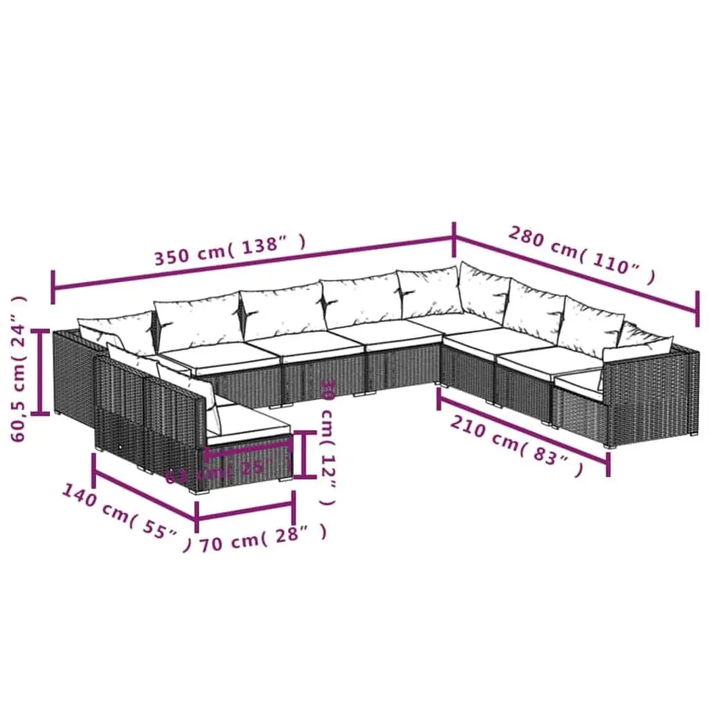 10 Piece Black Modular Garden Lounge Set