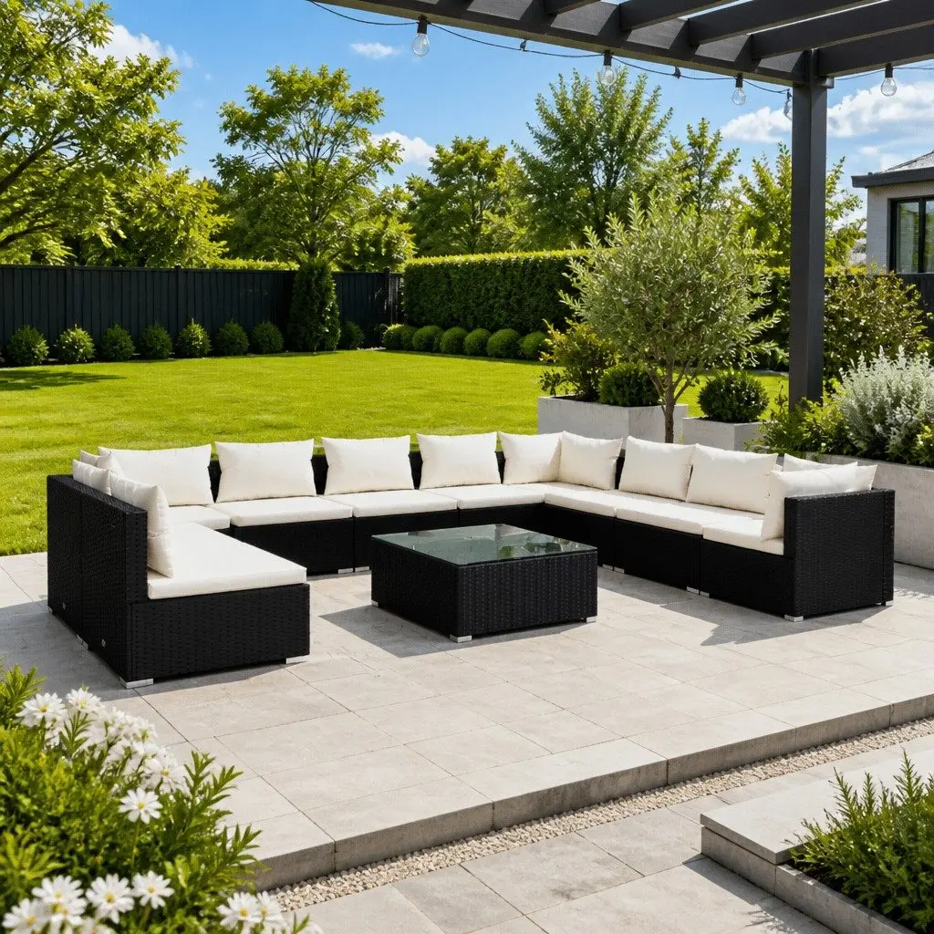 11 Piece Garden Lounge Set for Outdoor Relaxation Black Poly Rattan