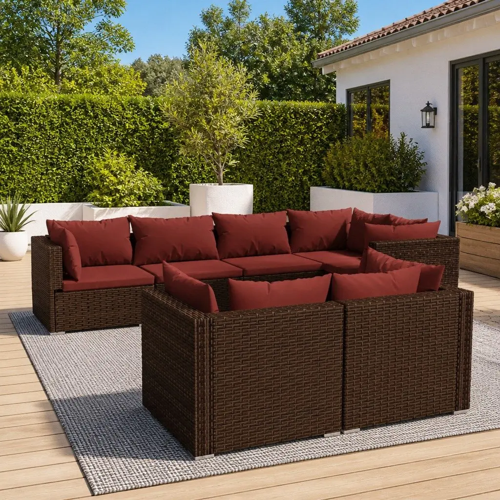 7 Piece Outdoor Lounge Set for Garden Patio Brown Poly Rattan