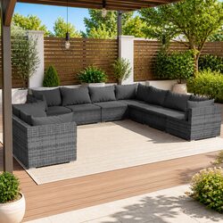 Garden Lounge Set 9 Piece Outdoor Furniture Poly Rattan Grey Patio Sofa Cushions