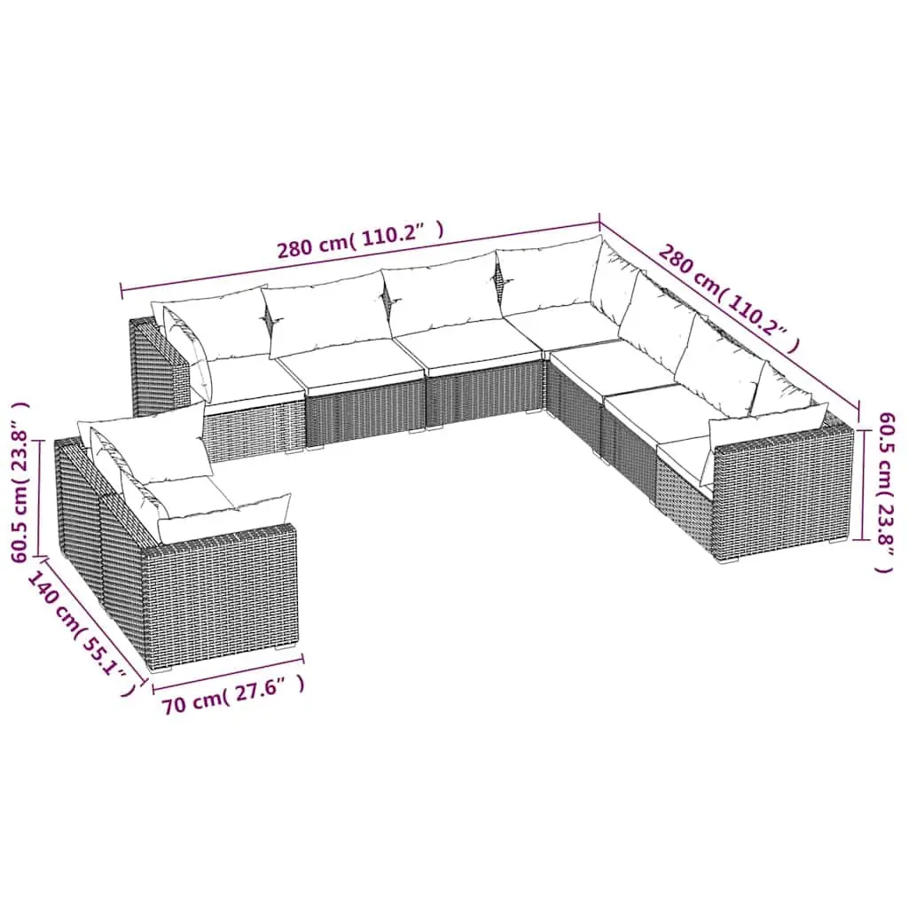 Garden Lounge Set 9 Piece Outdoor Furniture Poly Rattan Grey Patio Sofa Cushions
