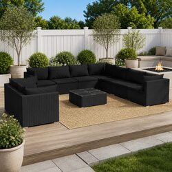 Specifications for 10 Piece Black Poly Rattan Lounge Set