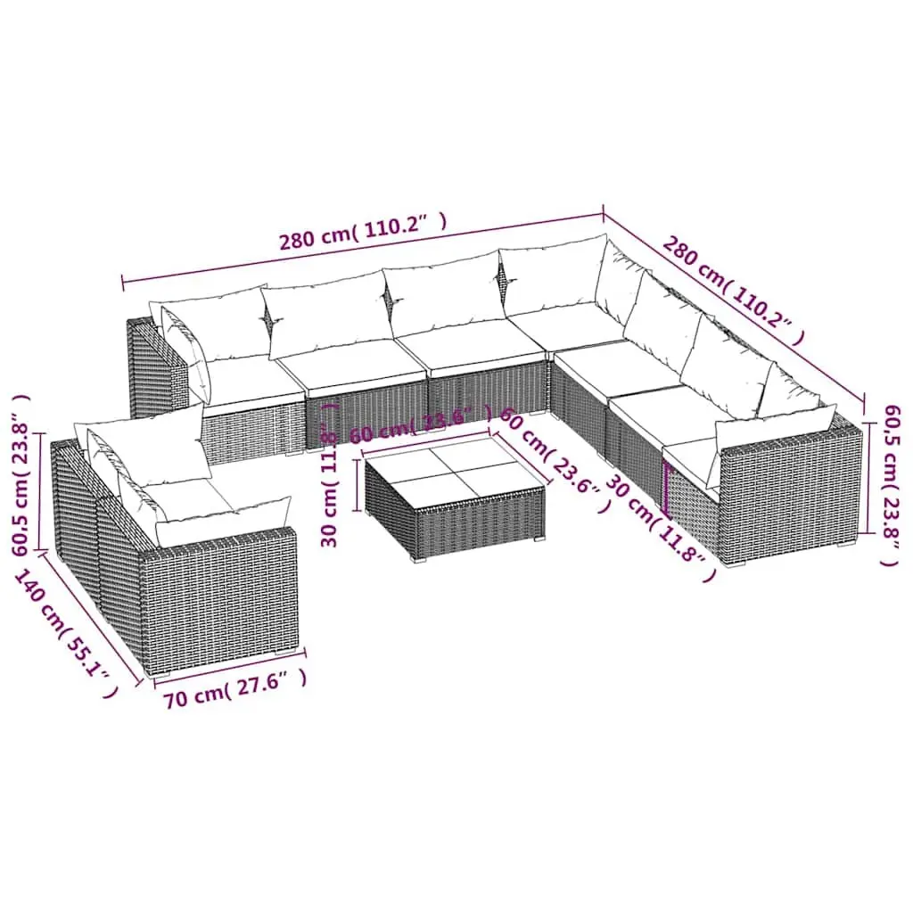 10 Piece Outdoor Garden Lounge Set for Patio and Garden Grey Poly Rattan with Cushions