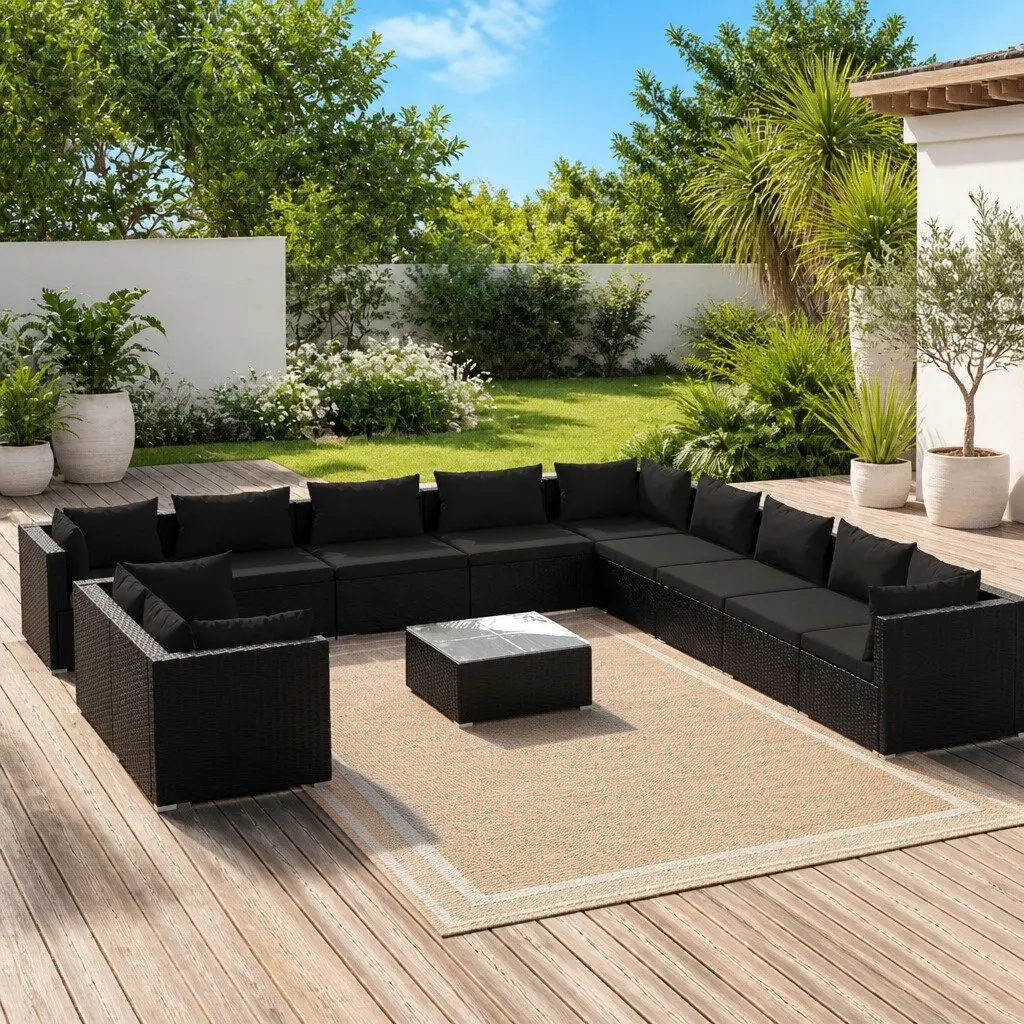 Modular Outdoor Lounge Set Black Poly Rattan 12 Piece Patio Furniture with Removable Cushions for Garden Relaxation