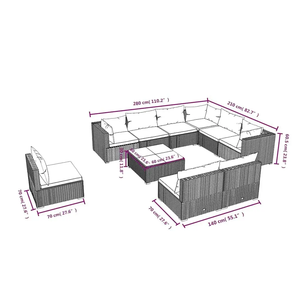 Outdoor Garden Lounge Set 10 Piece Poly Rattan Patio Furniture Black