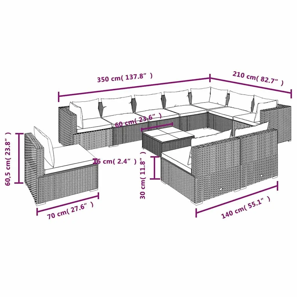 11 Piece Garden Lounge Set Outdoor Furniture Modular Black