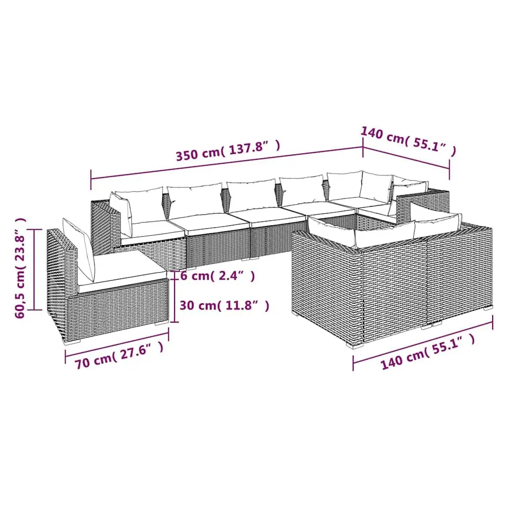 Outdoor Garden Lounge Set 9 Piece Modular Poly Rattan Patio Furniture with Cushions