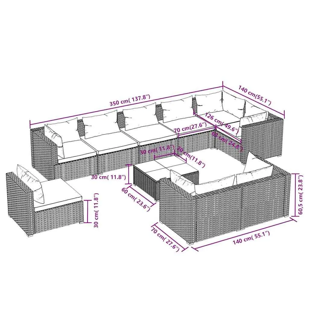 Garden Lounge Set Outdoor Furniture Modular 10 Piece Brown