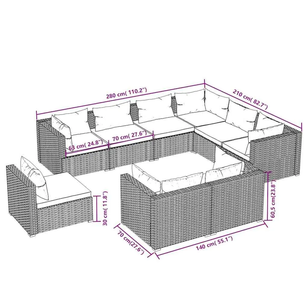 Poly Rattan Garden Lounge Set 9 Piece Outdoor Patio Furniture with Cushions