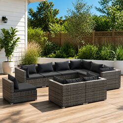 9-Piece Garden Lounge Set Details: Grey Poly Rattan
