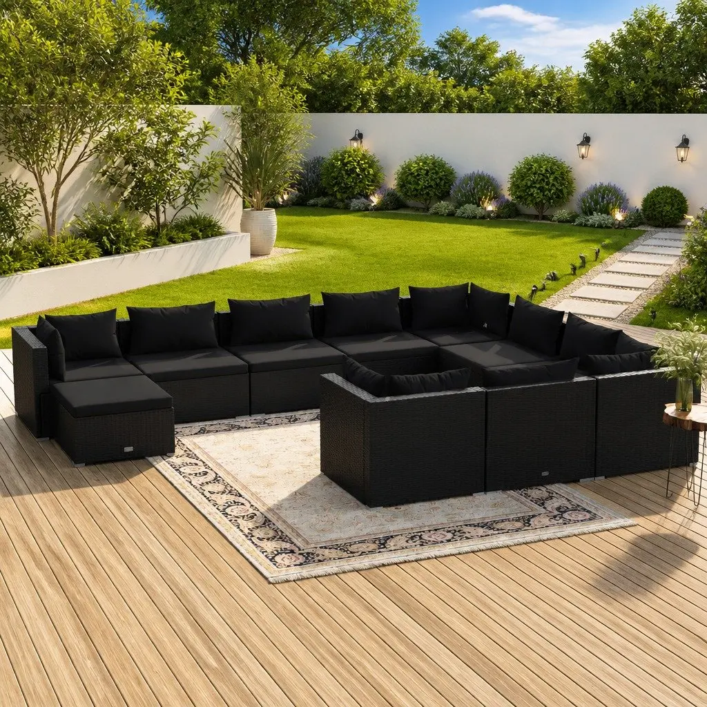 Garden Lounge Set 11 Piece Outdoor Furniture Poly Rattan with Cushions Black