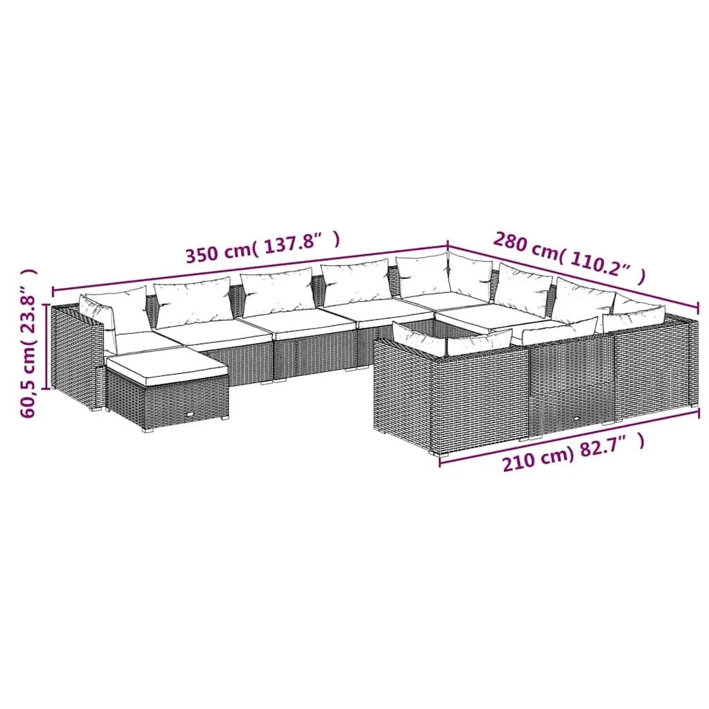 Garden Lounge Set 11 Piece Outdoor Furniture Poly Rattan with Cushions Black