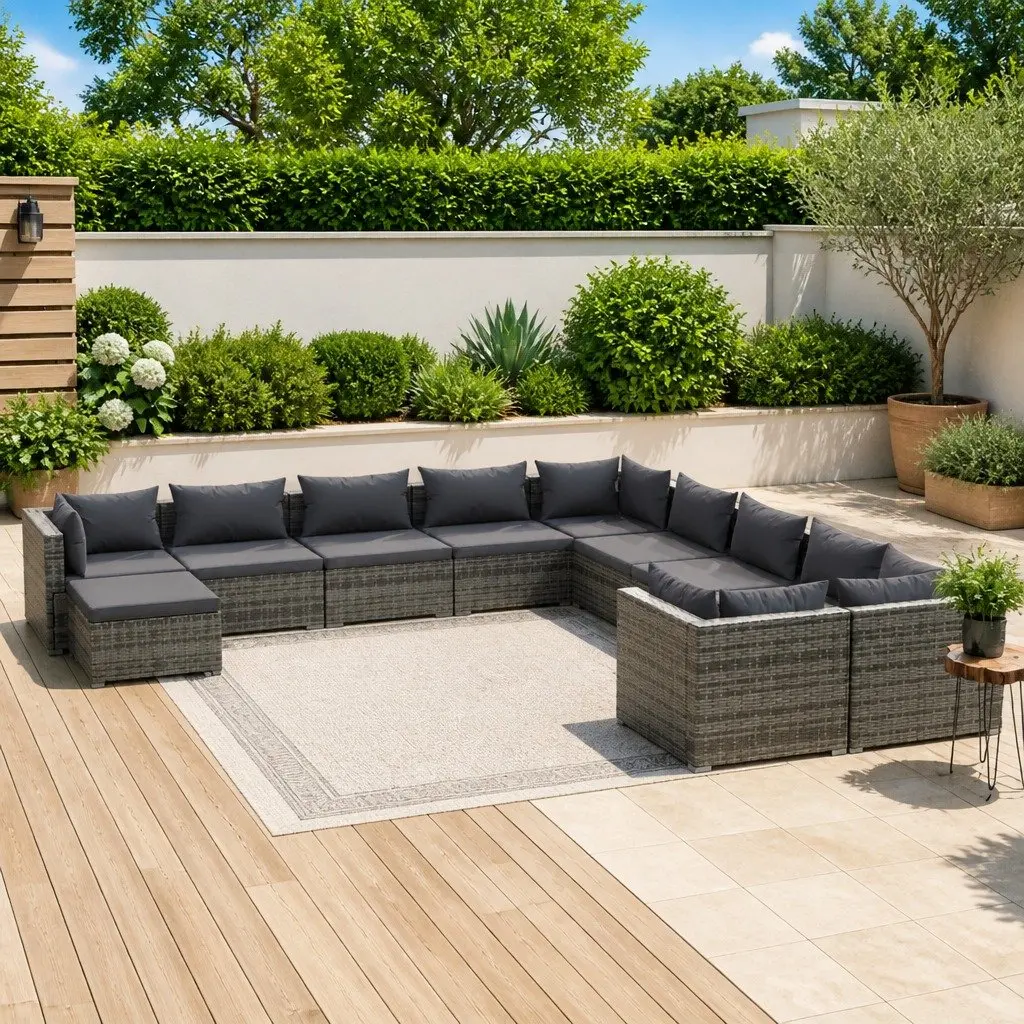 Garden Lounge Set 11 Piece Outdoor Patio Furniture Grey Cushions