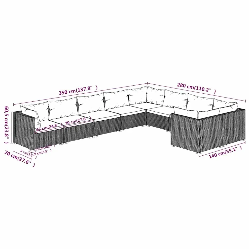 9 Piece Garden Lounge Set with Cushions Poly Rattan Brown Outdoor Furniture