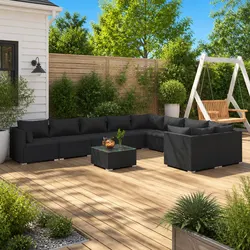 10-Piece Modular Lounge Set, Black Poly Rattan for Outdoors
