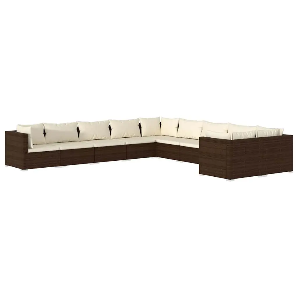 10 Piece Outdoor Garden Lounge Set for Patio Brown Poly Rattan with Cushions