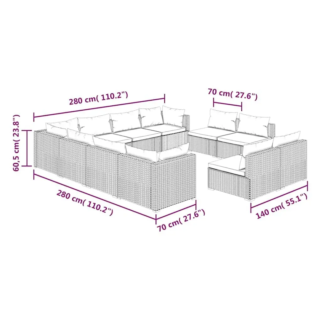 11 Piece Modular Outdoor Lounge Set for Garden and Patio with Thick Cushions in Brown PE Rattan
