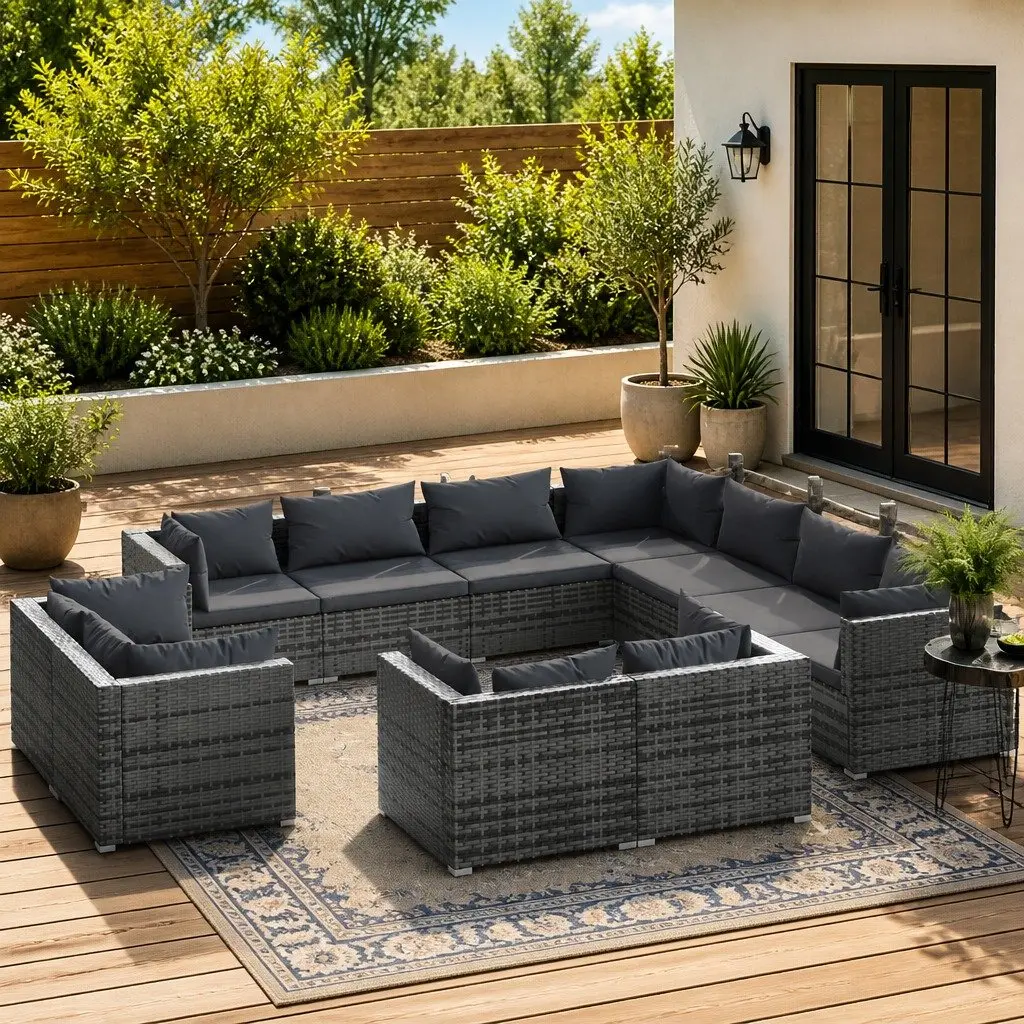 11 Piece Garden Lounge Set Outdoor Furniture Grey Poly Rattan with Cushions