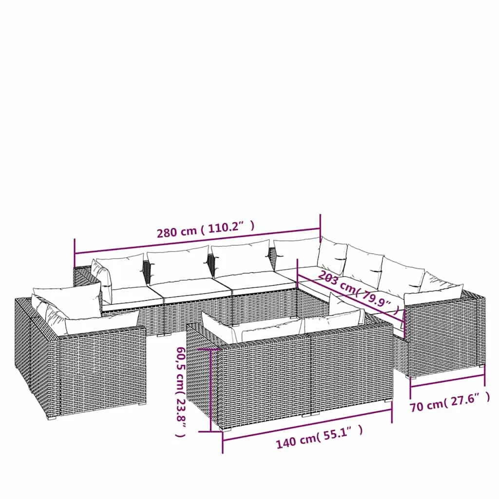 11 Piece Garden Lounge Set Outdoor Furniture Grey Poly Rattan with Cushions