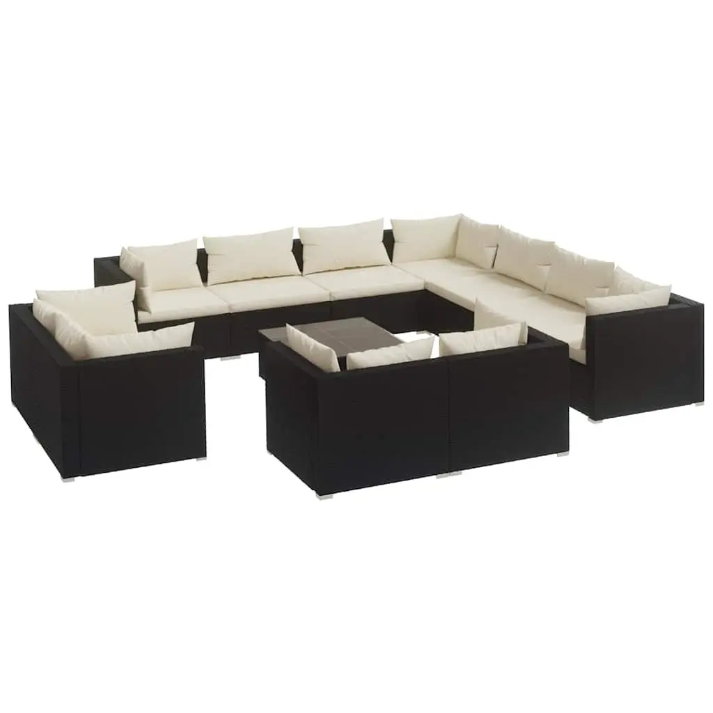 12 Piece Modular Outdoor Lounge Set Patio Furniture Water Resistant Poly Rattan Black with Cushions
