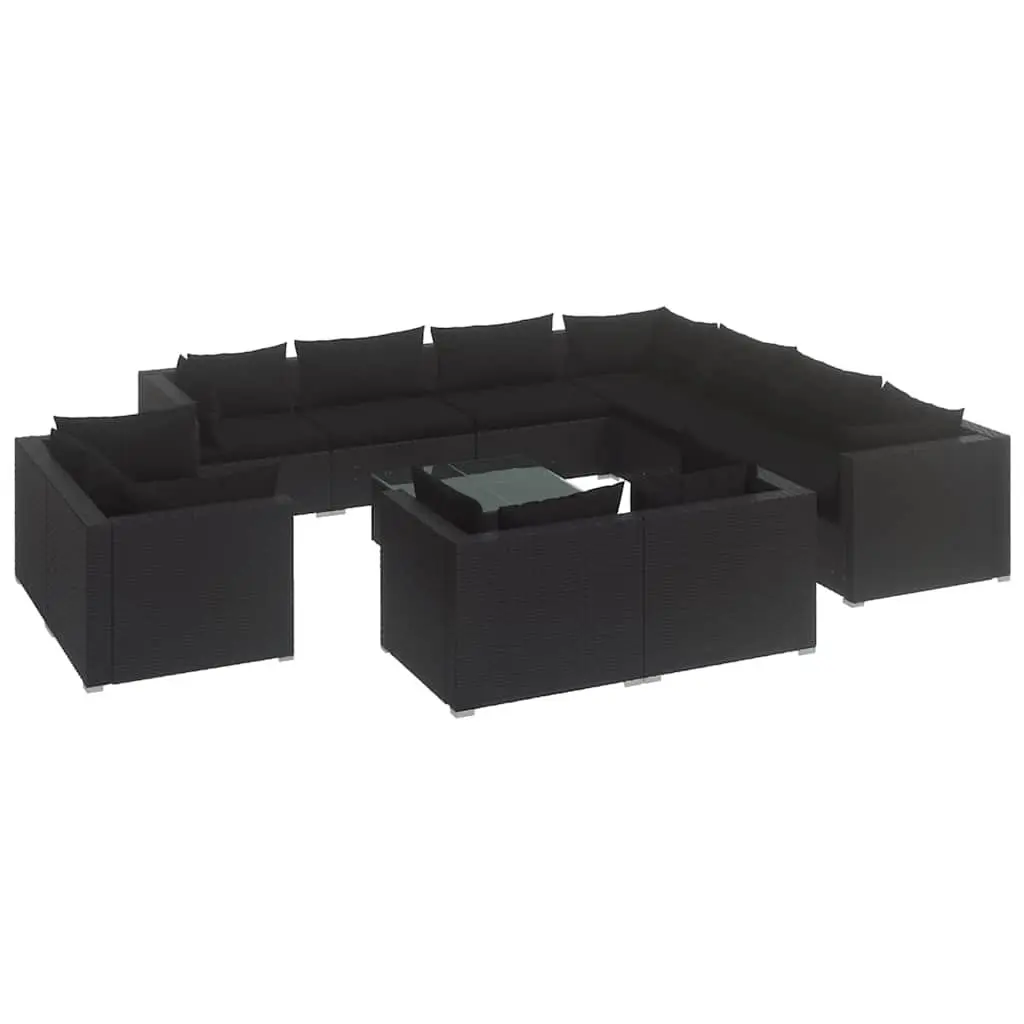 12 Piece Modular Outdoor Lounge Set for Garden Patio with Black Poly Rattan and Cushions