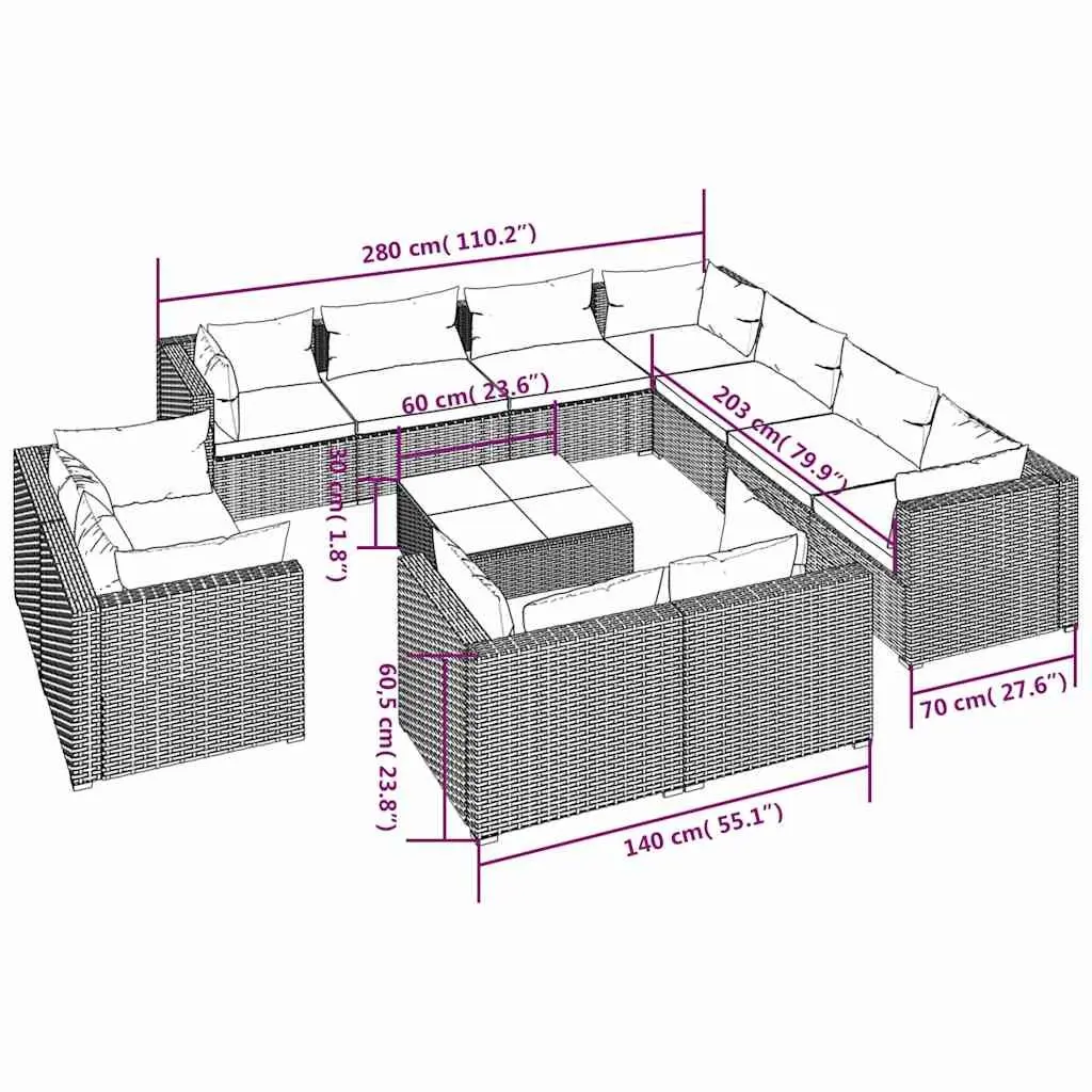 12-Piece Grey Poly Rattan Lounge Set